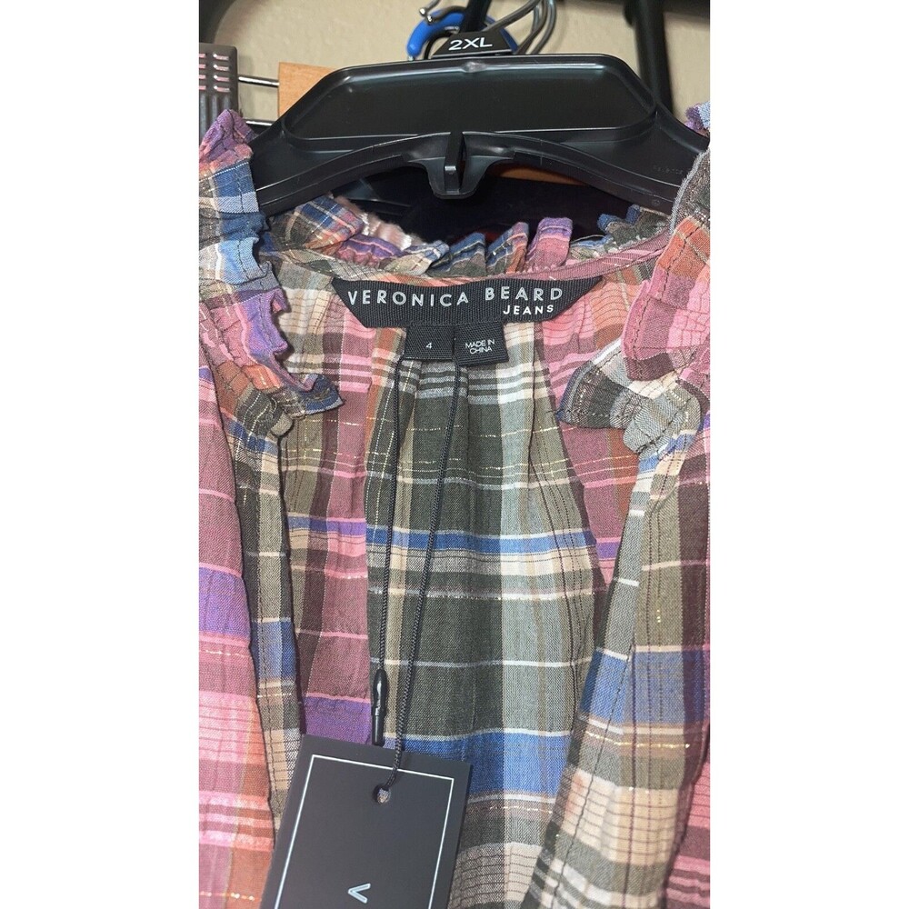 Veronica Beard Women's Destiny Crinkle Plaid Dress size 4 NWT Olive/Pink V-Neck - Picture 6 of 8